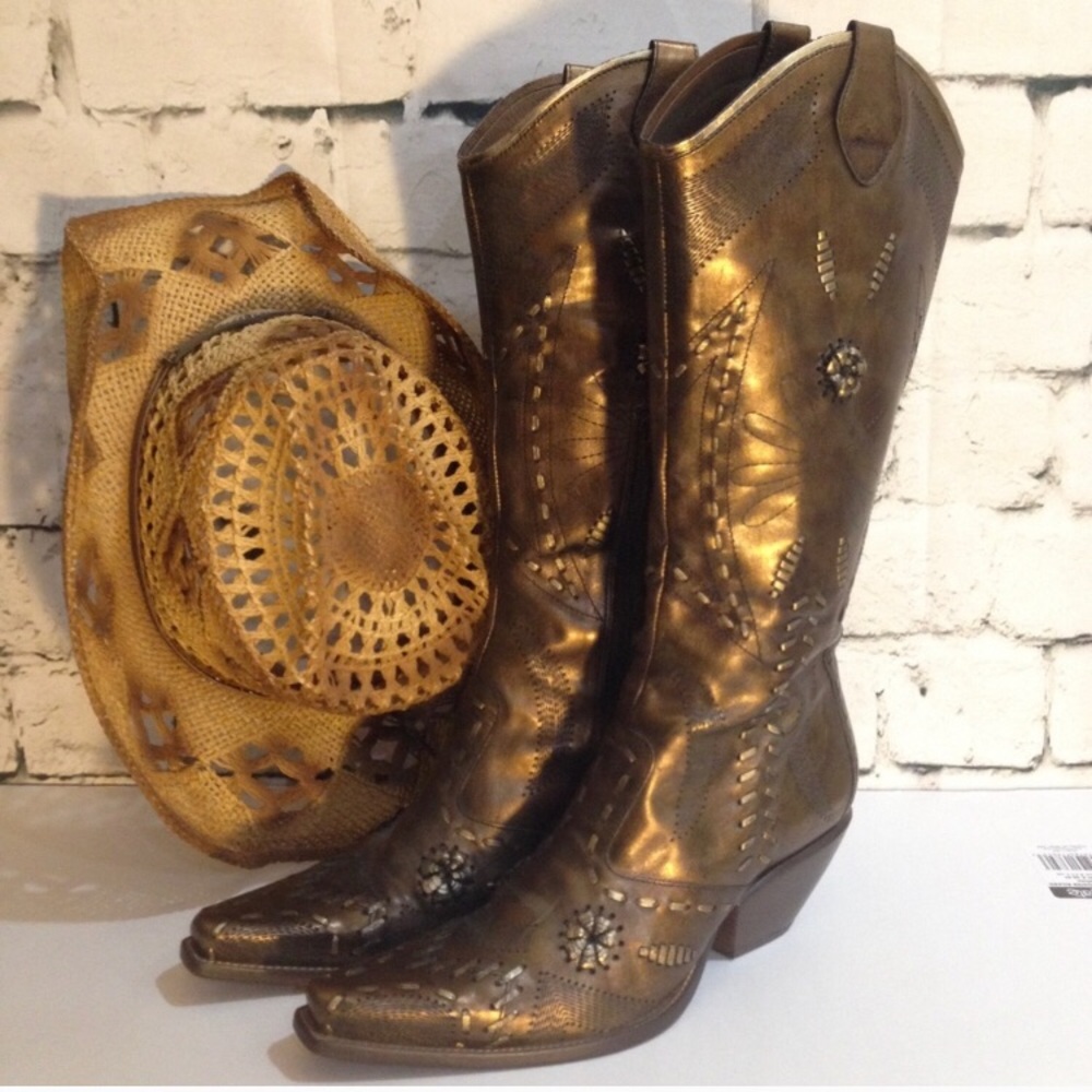 BCBGirls: Bronze Metallic Cowgirl Boots (Size 6)
